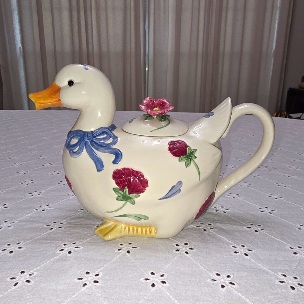 Lenox Poppies on Blue Duck-Shaped Floral Ceramic Teapot w/ Lid